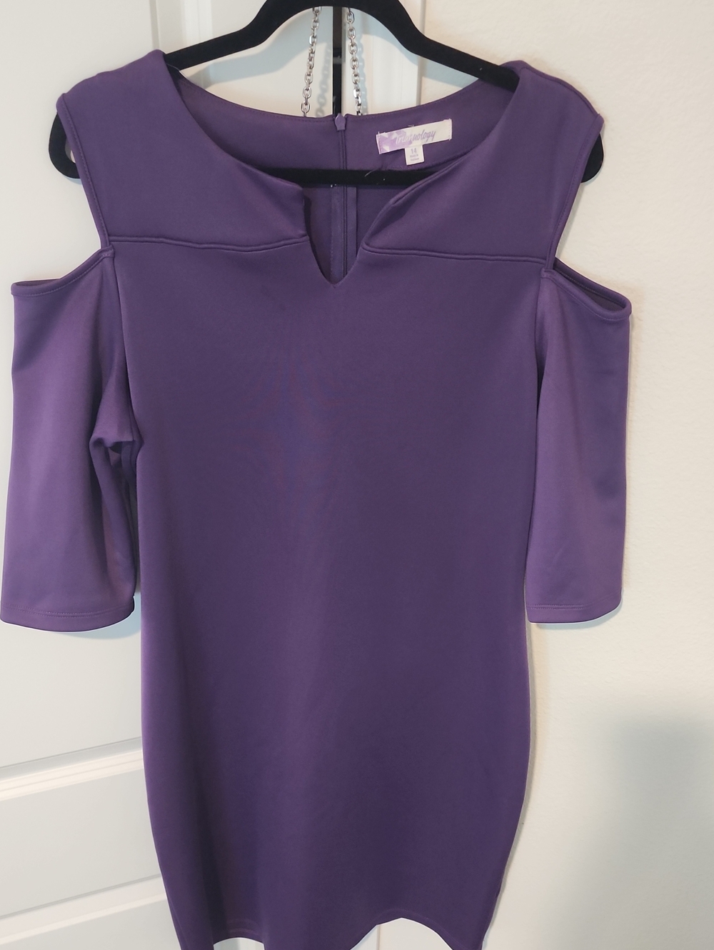 Women's Cold-Shoulder Dress in Purple with Notch Neck